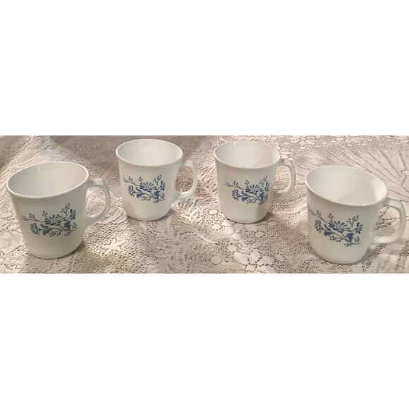 CORELLE Corning Colonial Mist Coffee Mug Teacups Blue White Floral Set of 4 - Picture 1 of 7